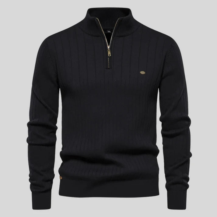 Reinaldo - Stylish Sweater with Short Zipper-Black