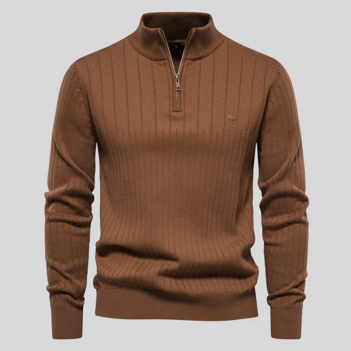 Reinaldo - Stylish Sweater with Short Zipper-Brown