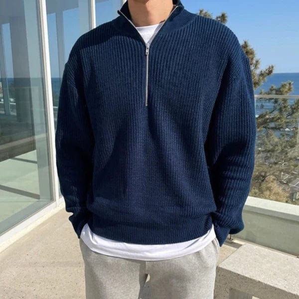 Shawn - Classic Old Money Zip Sweater-Navy Blue