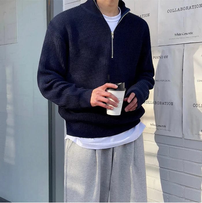Shawn - Classic Old Money Zip Sweater-Navy Blue