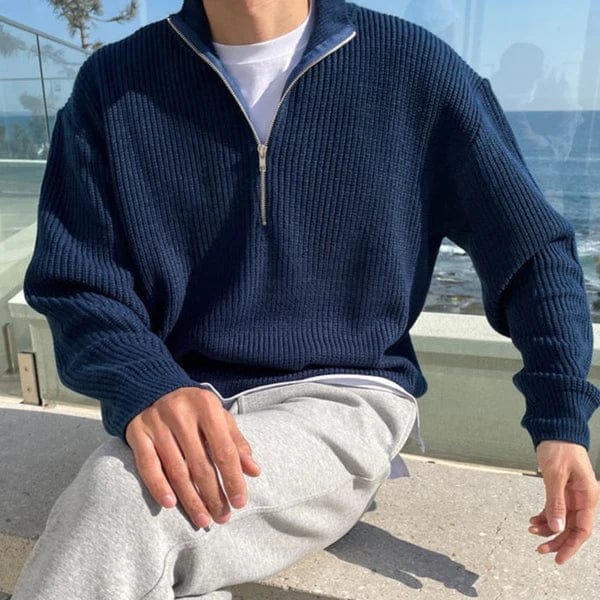 Shawn - Classic Old Money Zip Sweater-Navy Blue