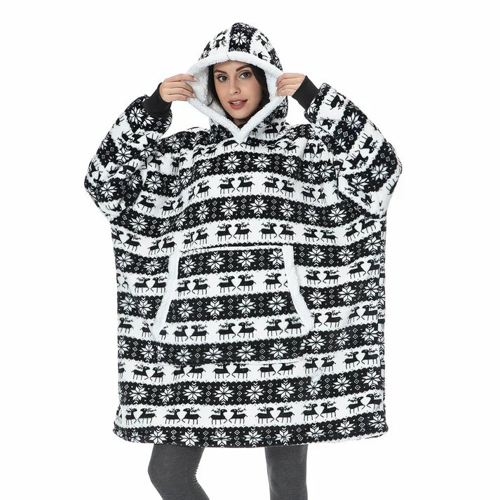 Alicia - Soft Warm Blanket with Hoodie Black Deer