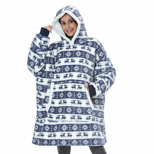 Alicia - Soft Warm Blanket with Hoodie Blue Deer