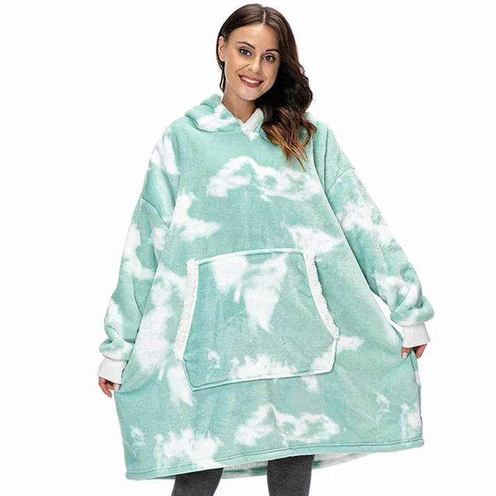 Alicia - Soft Warm Blanket with Hoodie Washed Green & White