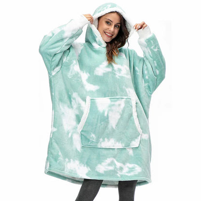 Alicia - Soft Warm Blanket with Hoodie Washed Green & White