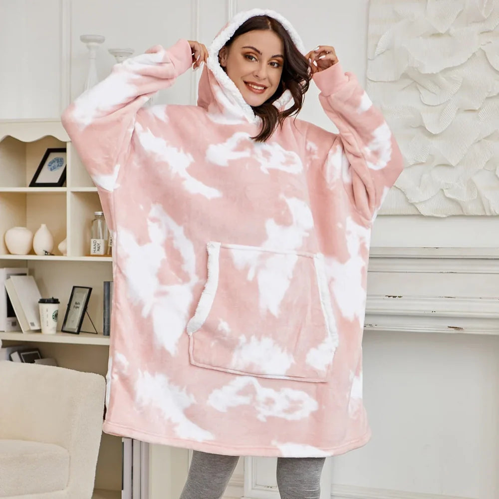 Alicia - Soft Warm Blanket with Hoodie Washed Pink & White