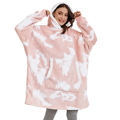 Alicia - Soft Warm Blanket with Hoodie Washed Pink & White