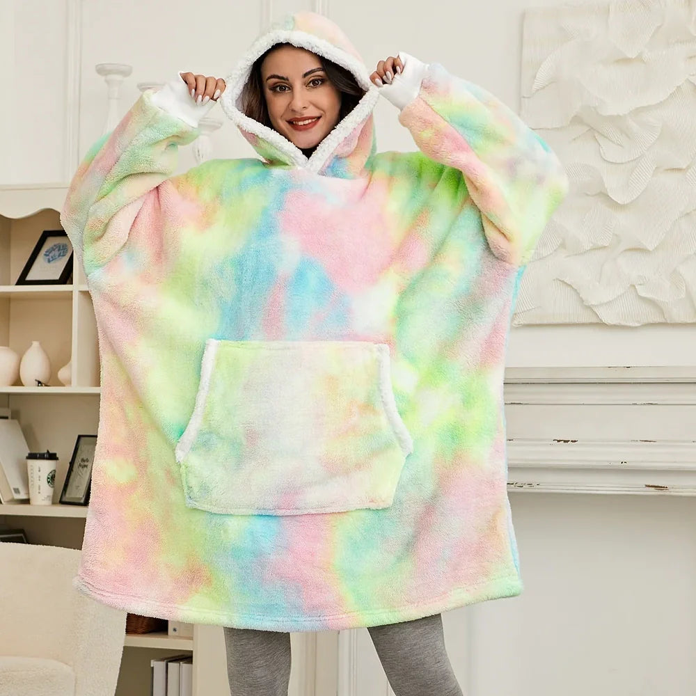 Alicia - Soft Warm Blanket with Hoodie Washed Rainbow