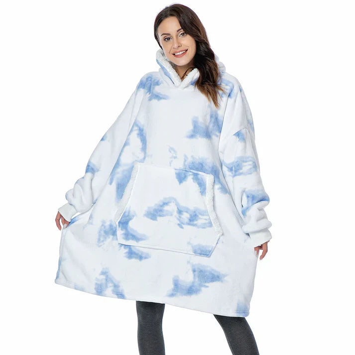 Alicia - Soft Warm Blanket with Hoodie Washed White & Blue