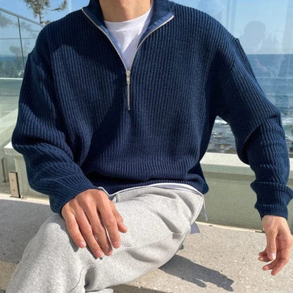 Shawn - Classic Old Money Zip Sweater-Navy Blue